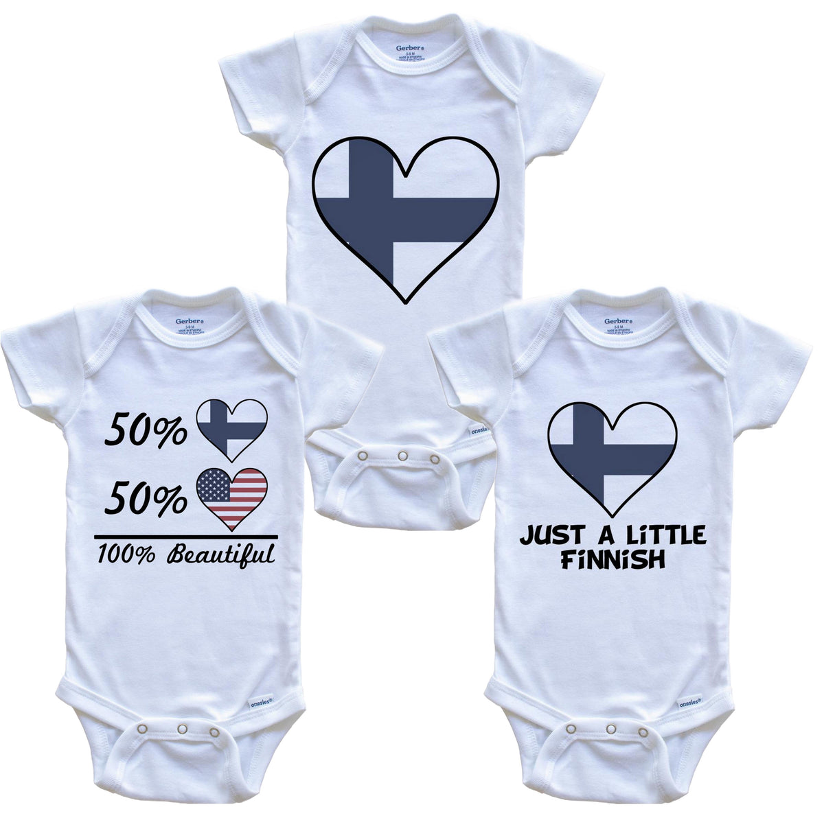 Finnish American Heart Flag Baby Bodysuit Bundle (3 Piece Set)