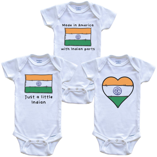 Made in America with Indian Parts Funny India Flag Baby Bodysuit Bundle (3 Piece Gift Set)