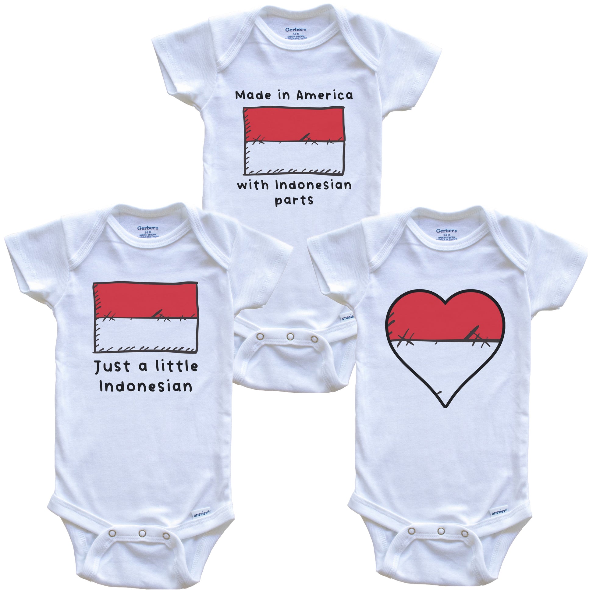 Made in America with Indonesian Parts Funny Indonesia Flag Baby Bodysuit Bundle (3 Piece Gift Set)