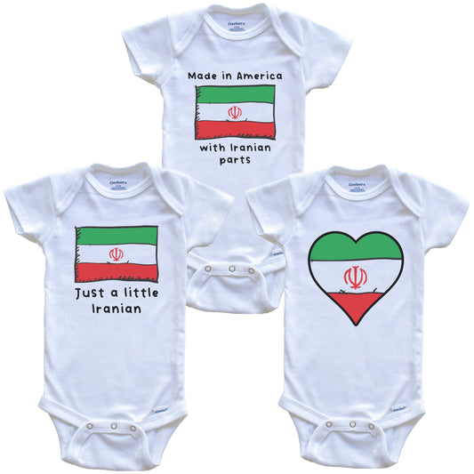 Made in America with Iranian Parts Funny Iran Flag Baby Bodysuit Bundle (3 Piece Gift Set)