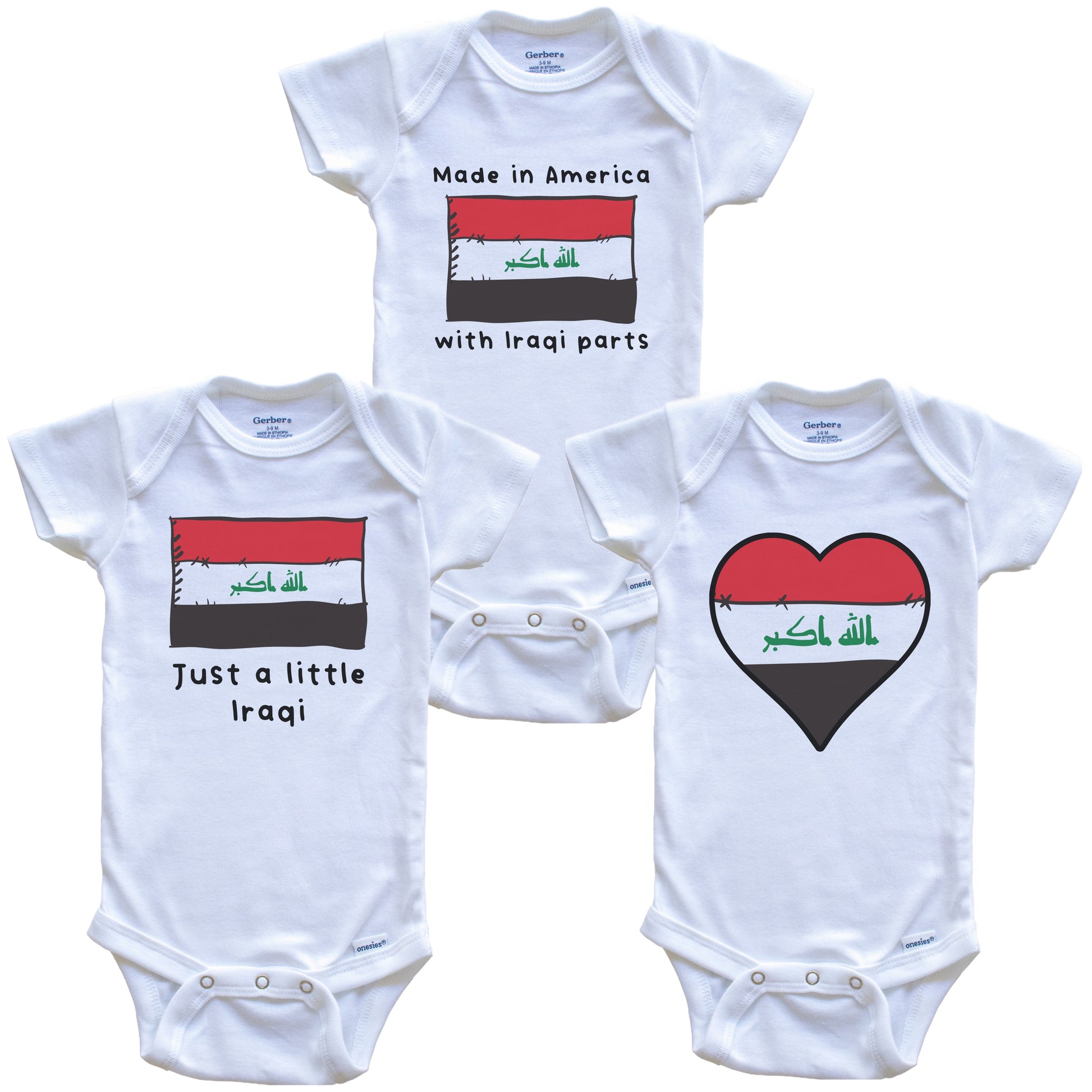 Made in America with Iraqi Parts Funny Iraq Flag Baby Bodysuit Bundle (3 Piece Gift Set)