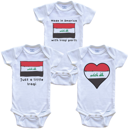 Made in America with Iraqi Parts Funny Iraq Flag Baby Bodysuit Bundle (3 Piece Gift Set)