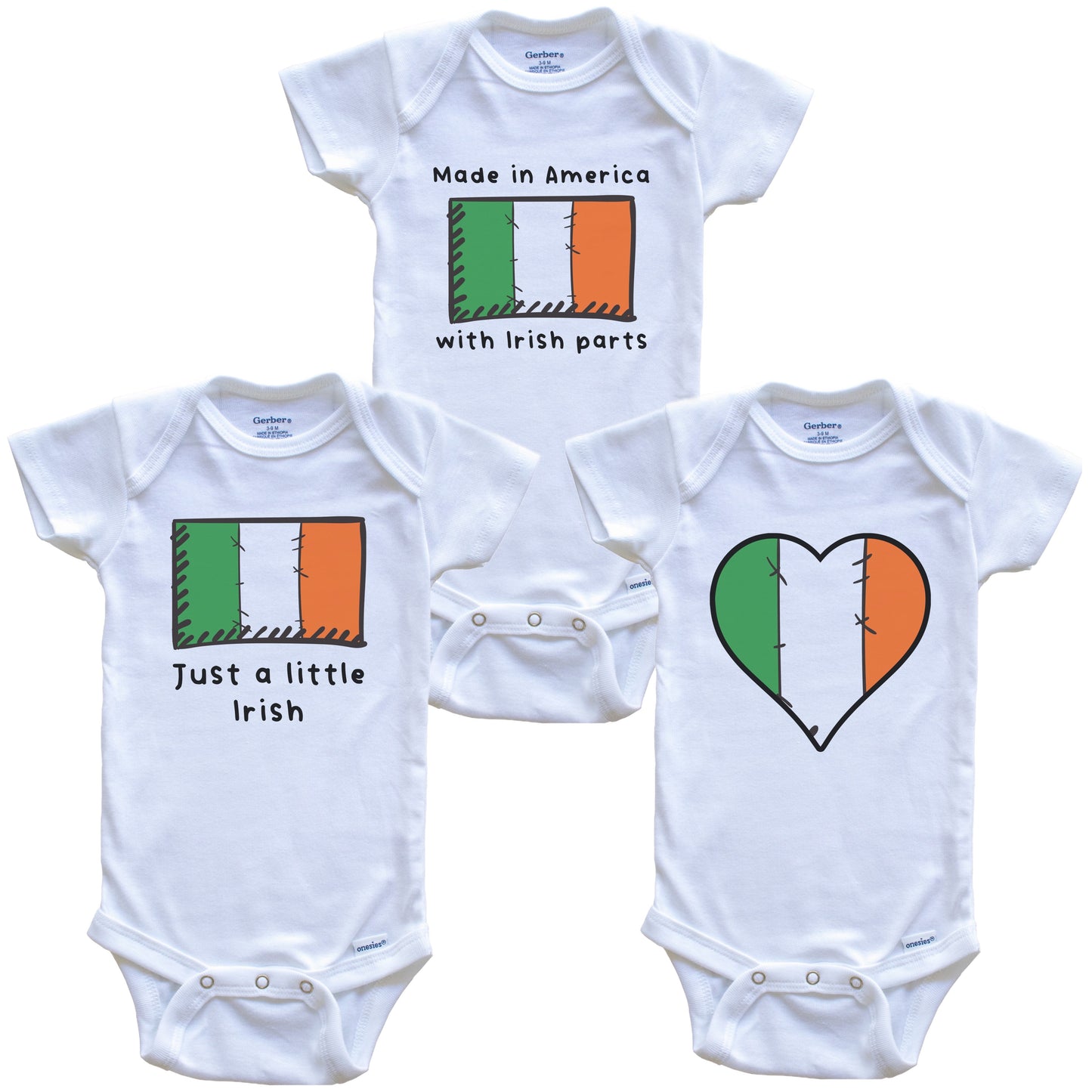 Made in America with Irish Parts Funny Ireland Flag Baby Bodysuit Bundle (3 Piece Gift Set)