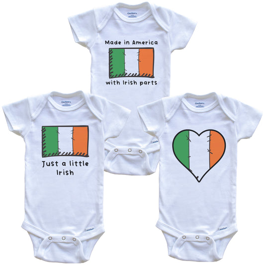 Made in America with Irish Parts Funny Ireland Flag Baby Bodysuit Bundle (3 Piece Gift Set)