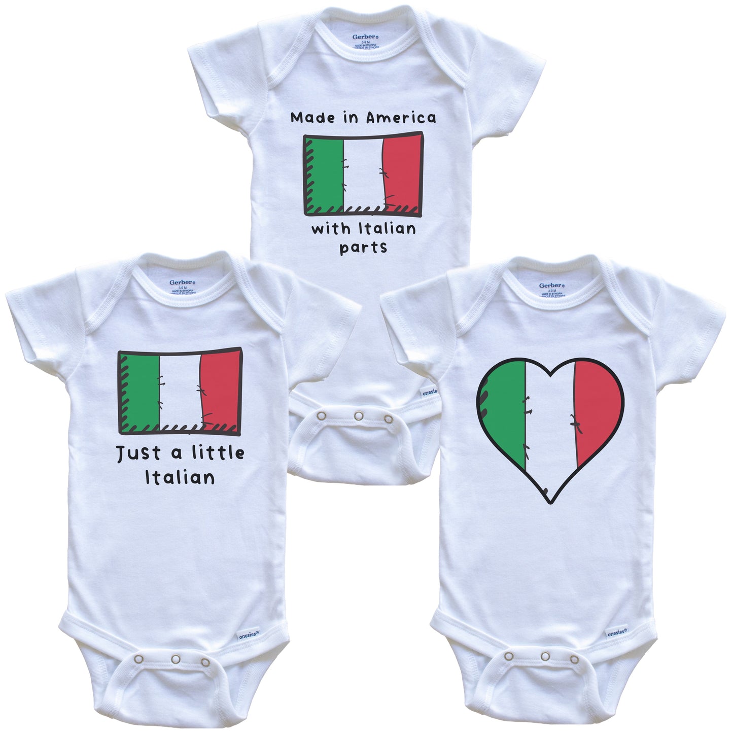 Made in America with Italian Parts Funny Italy Flag Baby Bodysuit Bundle (3 Piece Gift Set)