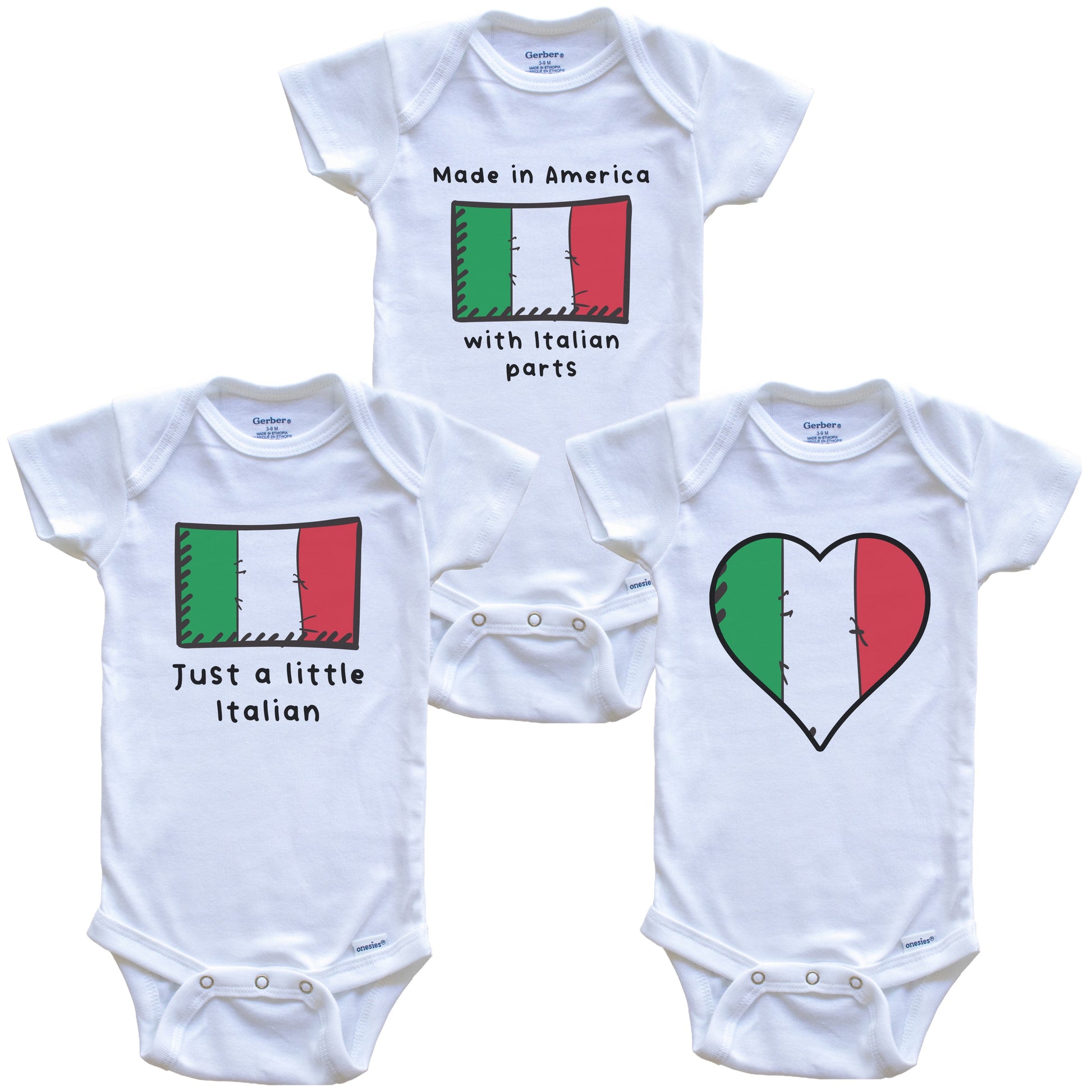 Made in America with Italian Parts Funny Italy Flag Baby Bodysuit Bundle (3 Piece Gift Set)