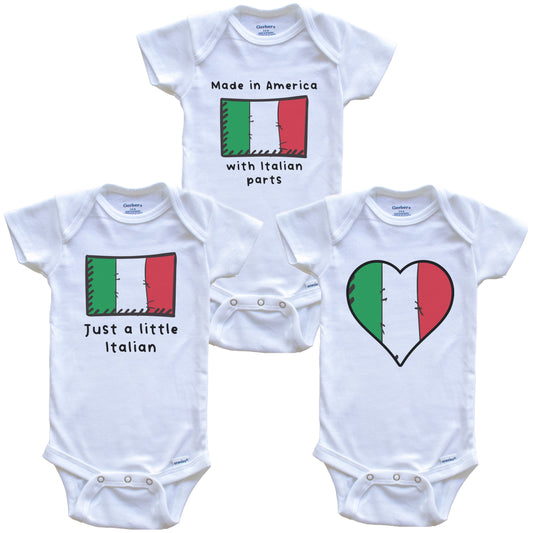 Made in America with Italian Parts Funny Italy Flag Baby Bodysuit Bundle (3 Piece Gift Set)