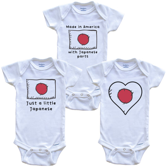 Made in America with Japanese Parts Funny Japan Flag Baby Bodysuit Bundle (3 Piece Gift Set)
