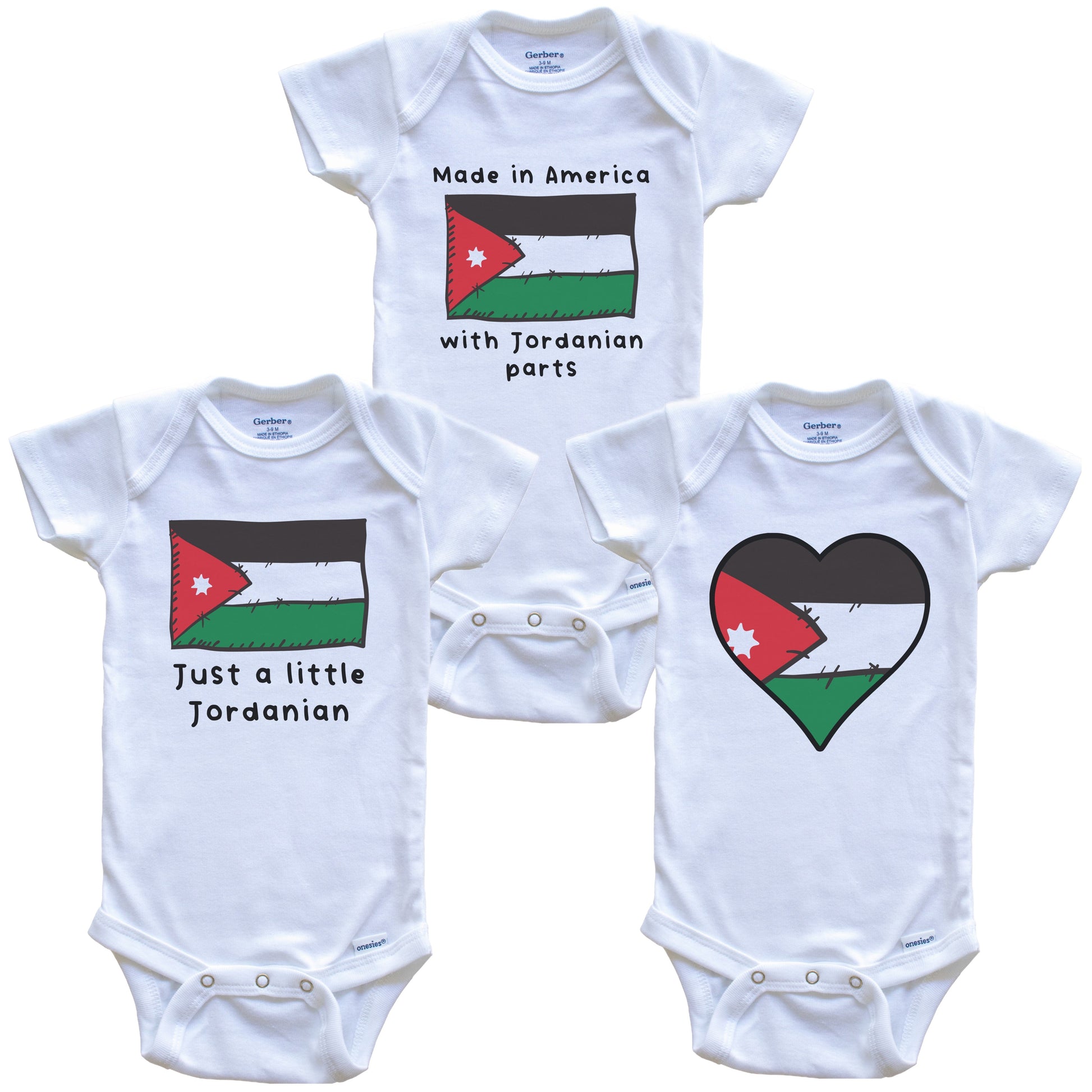 Made in America with Jordanian Parts Funny Jordan Flag Baby Bodysuit Bundle (3 Piece Gift Set)