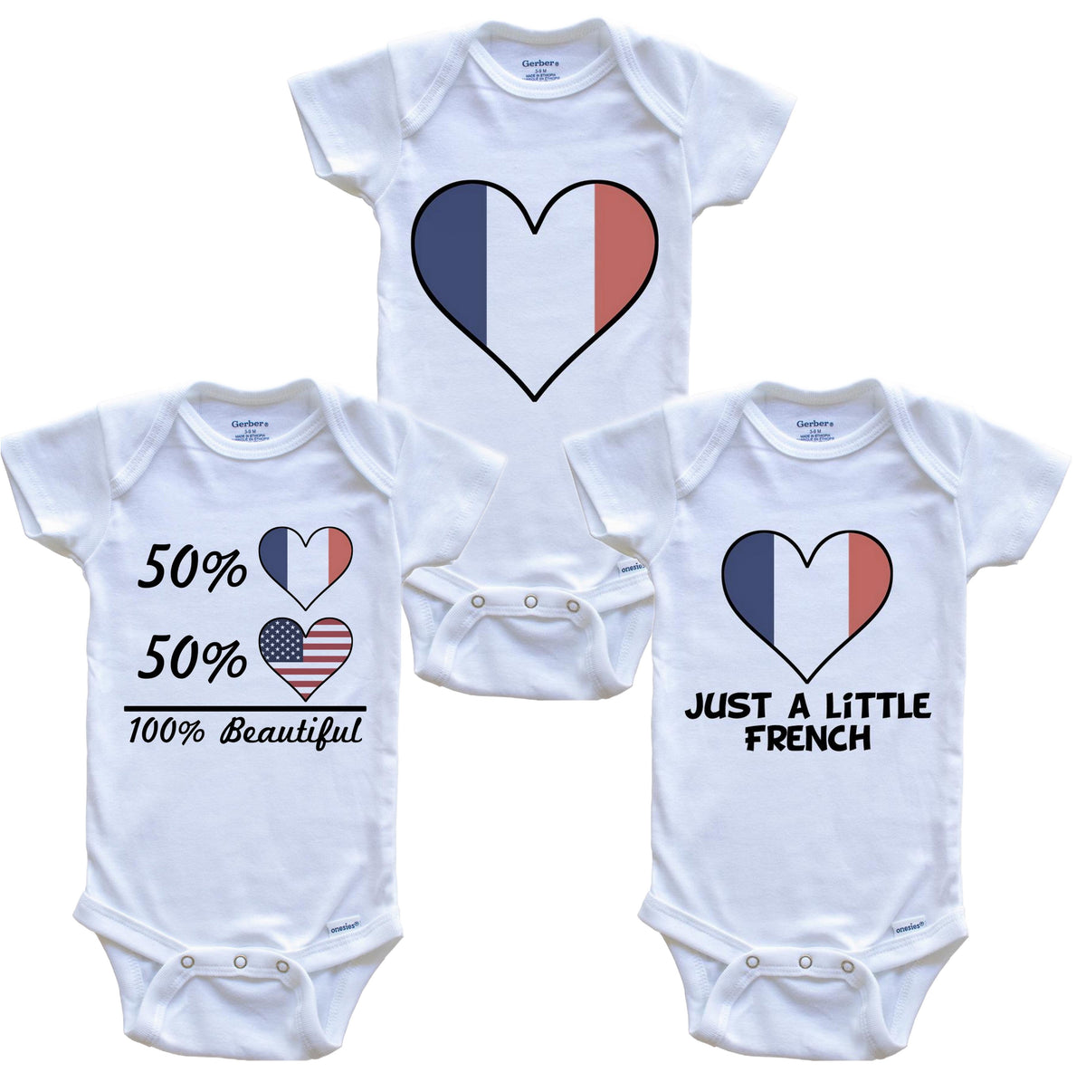 French American Heart Flag Baby Bodysuit Bundle (3 Piece Set)