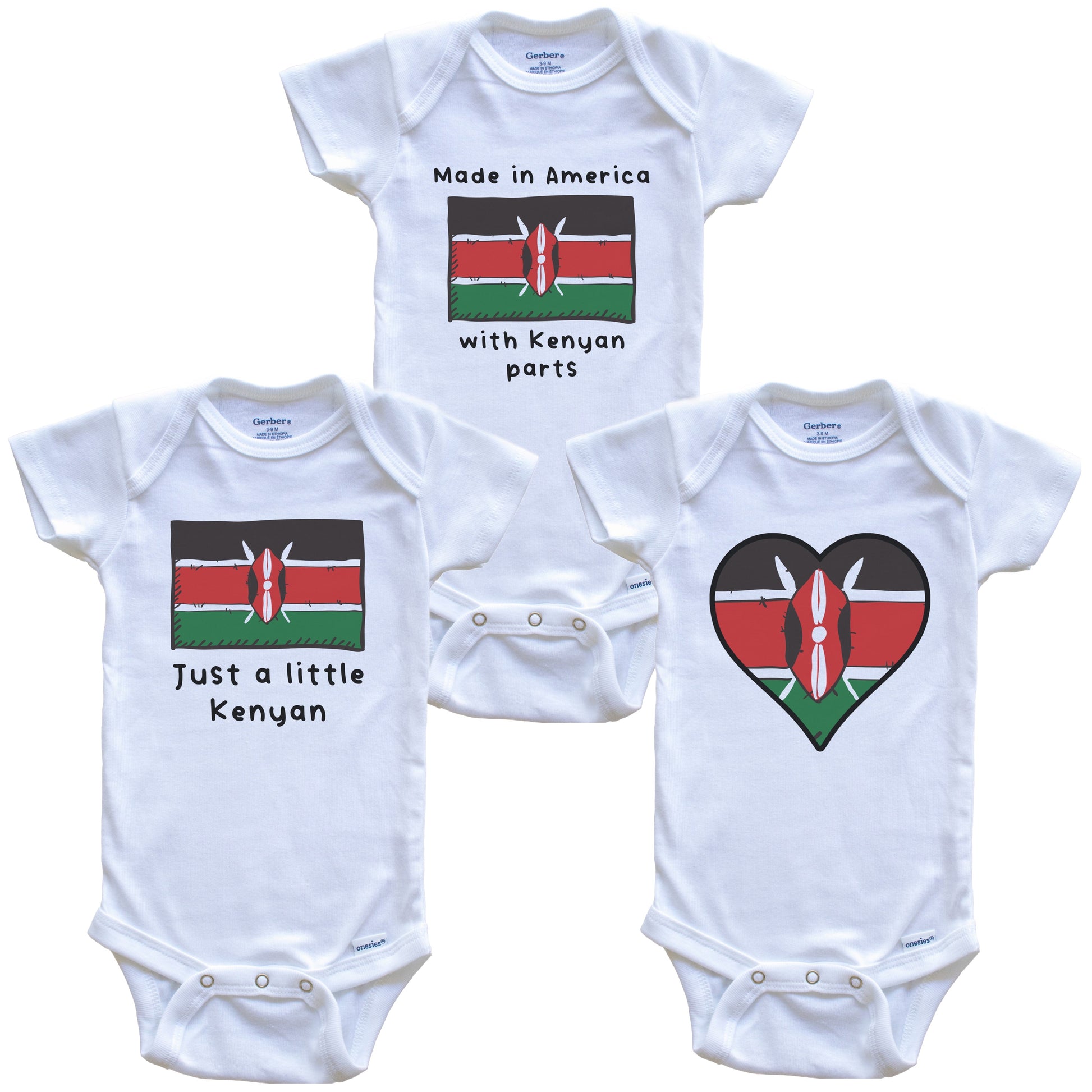 Made in America with Kenyan Parts Funny Kenya Flag Baby Bodysuit Bundle (3 Piece Gift Set)