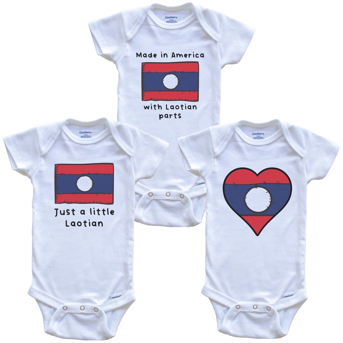 Made in America with Laotian Parts Funny Laos Flag Baby Bodysuit Bundle (3 Piece Gift Set)