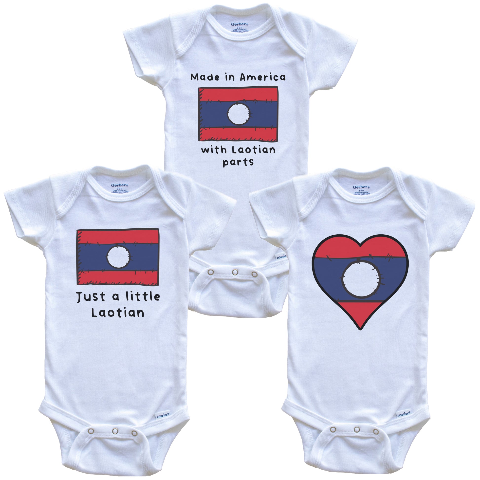 Made in America with Laotian Parts Funny Laos Flag Baby Bodysuit Bundle (3 Piece Gift Set)