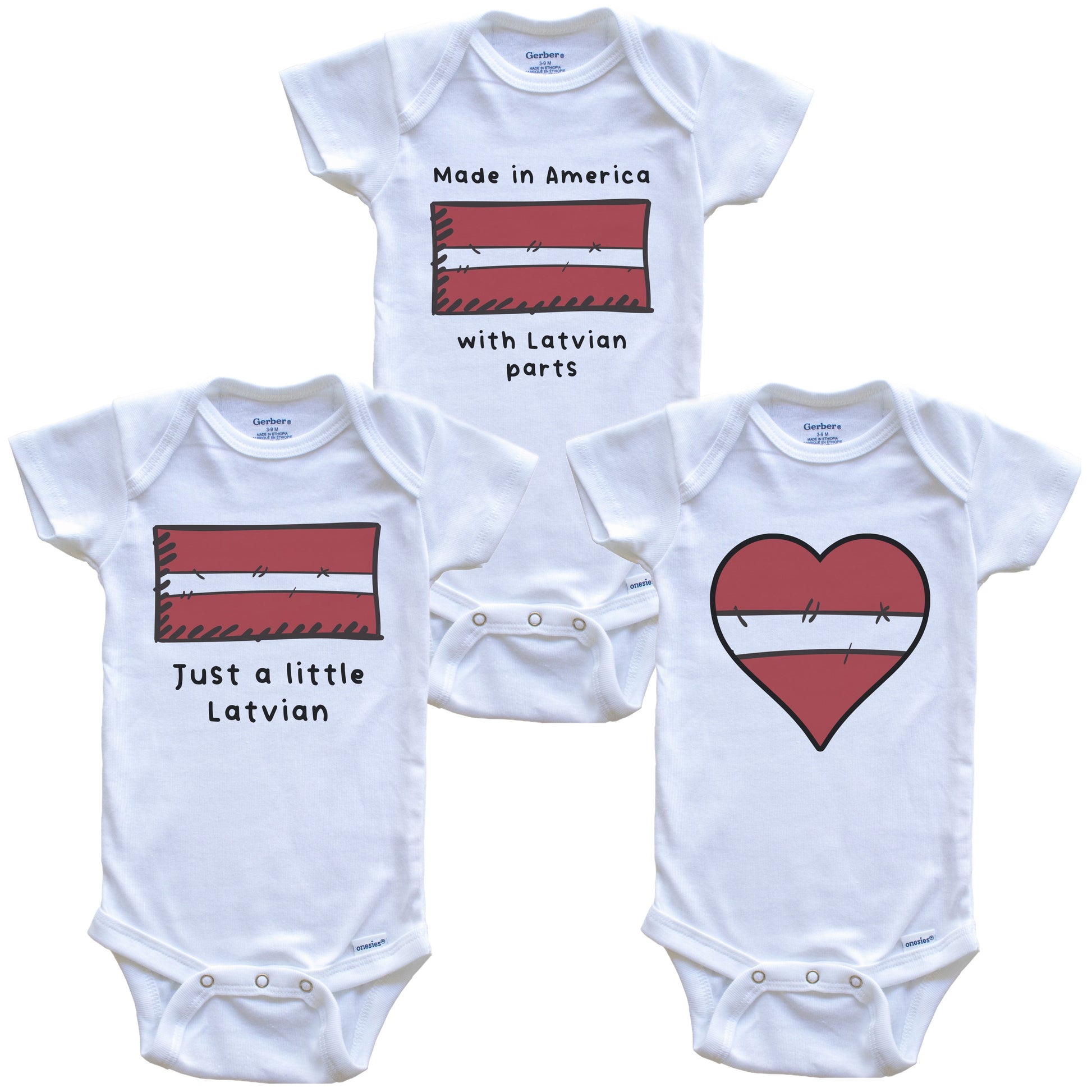 Made in America with Latvian Parts Funny Latvia Flag Baby Bodysuit Bundle (3 Piece Gift Set)