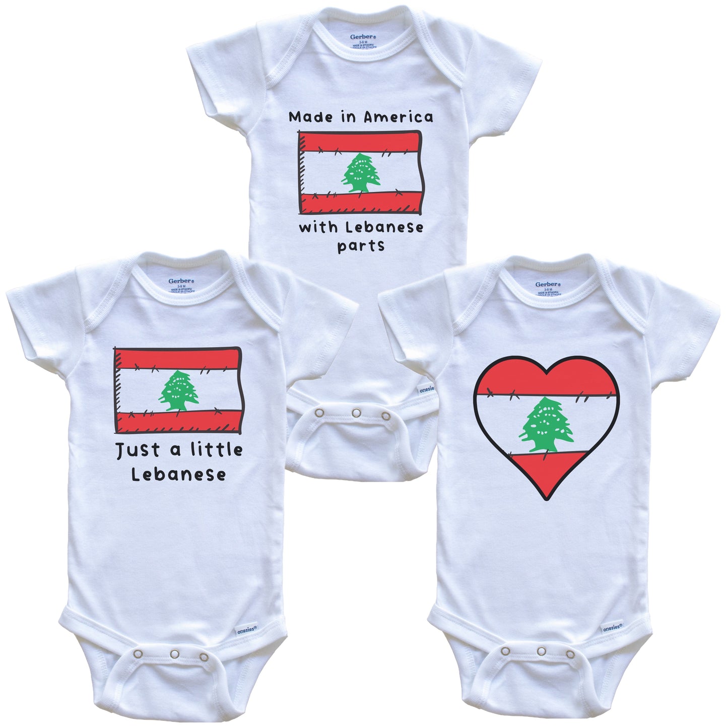 Made in America with Lebanese Parts Funny Lebanon Flag Baby Bodysuit Bundle (3 Piece Gift Set)