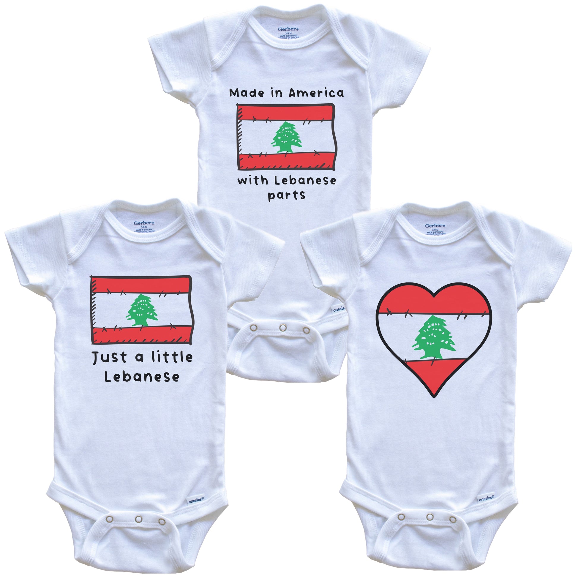 Made in America with Lebanese Parts Funny Lebanon Flag Baby Bodysuit Bundle (3 Piece Gift Set)