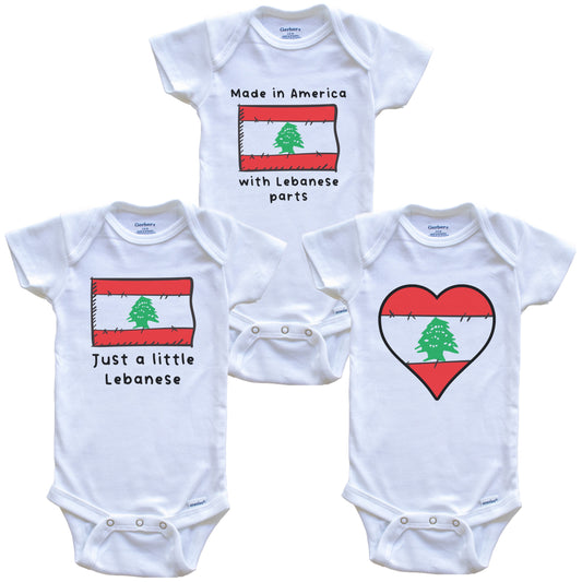 Made in America with Lebanese Parts Funny Lebanon Flag Baby Bodysuit Bundle (3 Piece Gift Set)