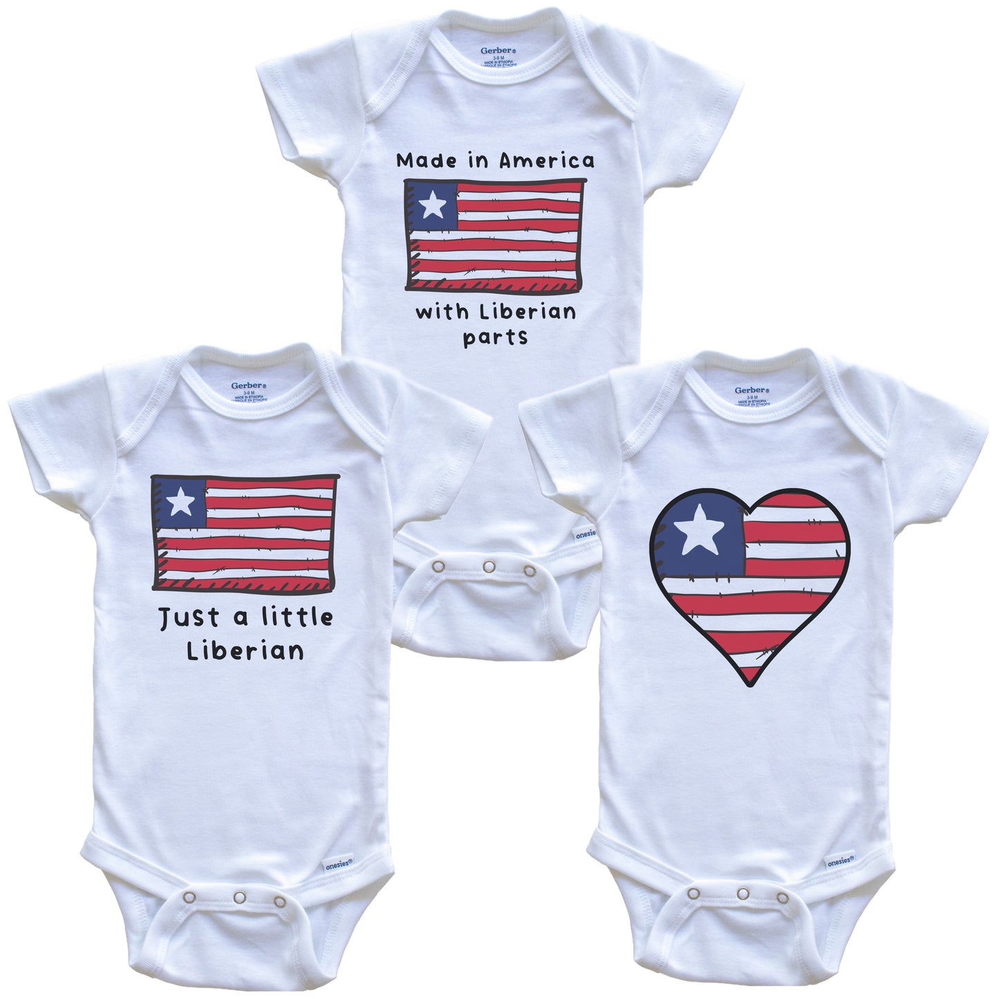 Made in America with Liberian Parts Funny Liberia Flag Baby Bodysuit Bundle (3 Piece Gift Set)