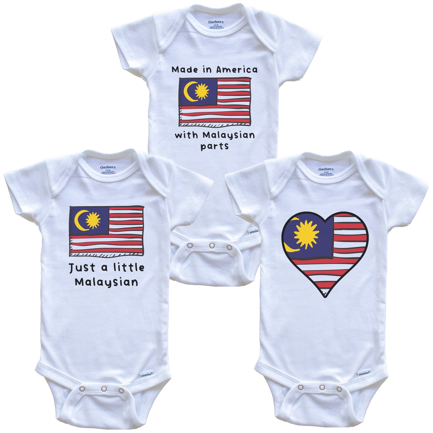 Made in America with Malaysian Parts Funny Malaysia Flag Baby Bodysuit Bundle (3 Piece Gift Set)