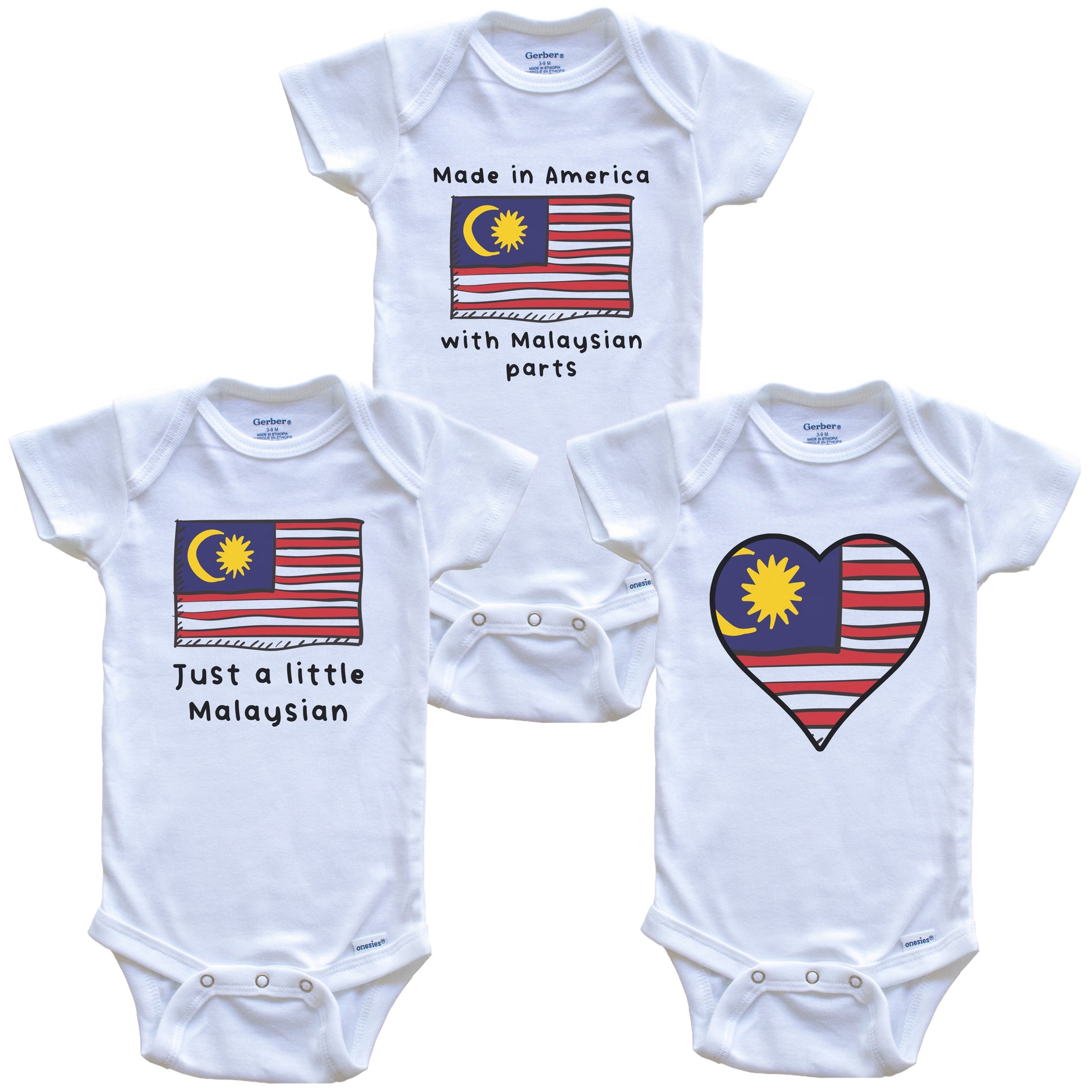 Made in America with Malaysian Parts Funny Malaysia Flag Baby Bodysuit Bundle (3 Piece Gift Set)