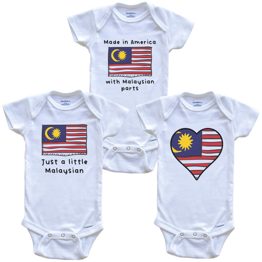 Made in America with Malaysian Parts Funny Malaysia Flag Baby Bodysuit Bundle (3 Piece Gift Set)