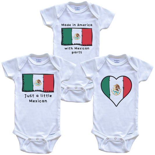 Made in America with Mexican Parts Funny Mexico Flag Baby Bodysuit Bundle (3 Piece Gift Set)