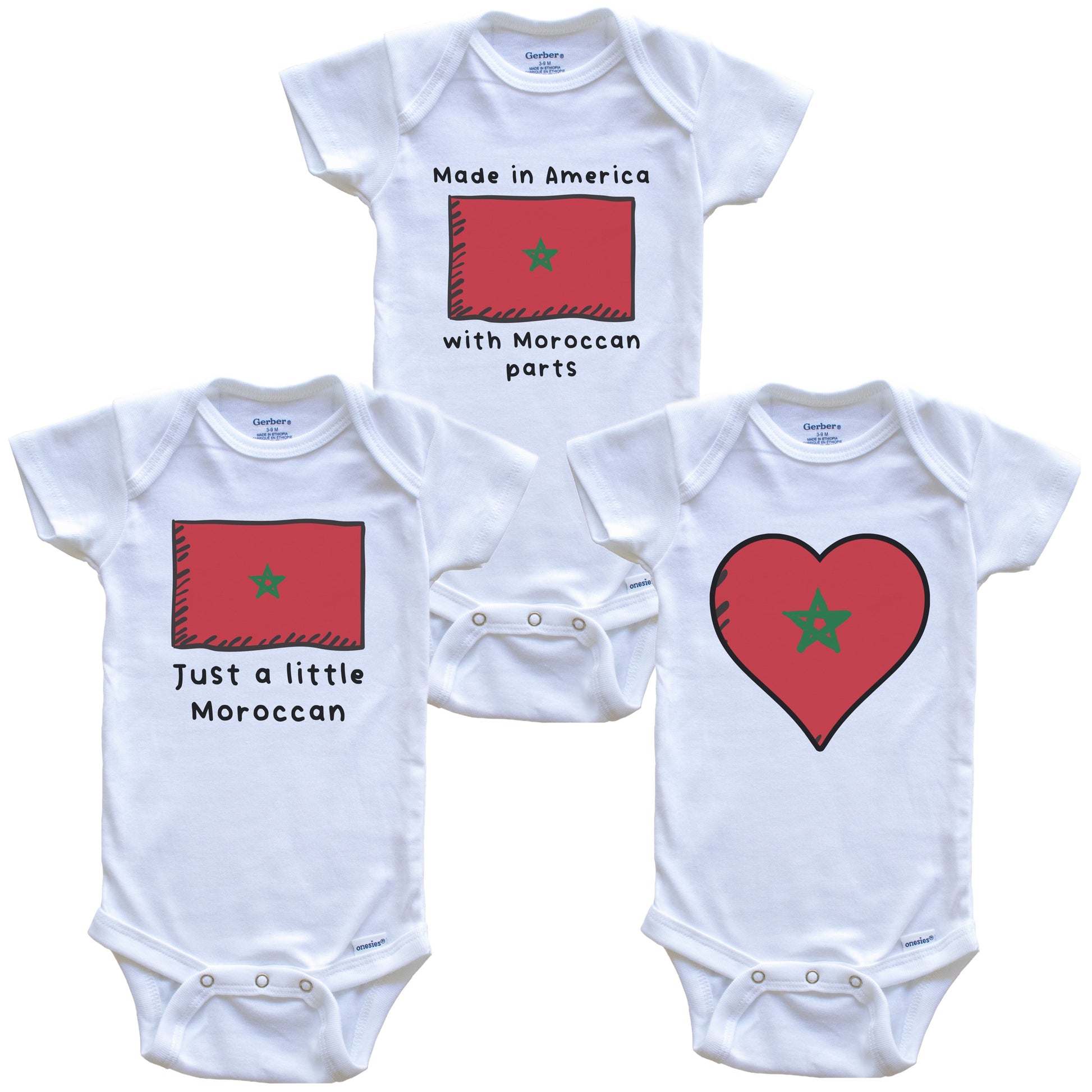 Made in America with Moroccan Parts Funny Morocco Flag Baby Bodysuit Bundle (3 Piece Gift Set)