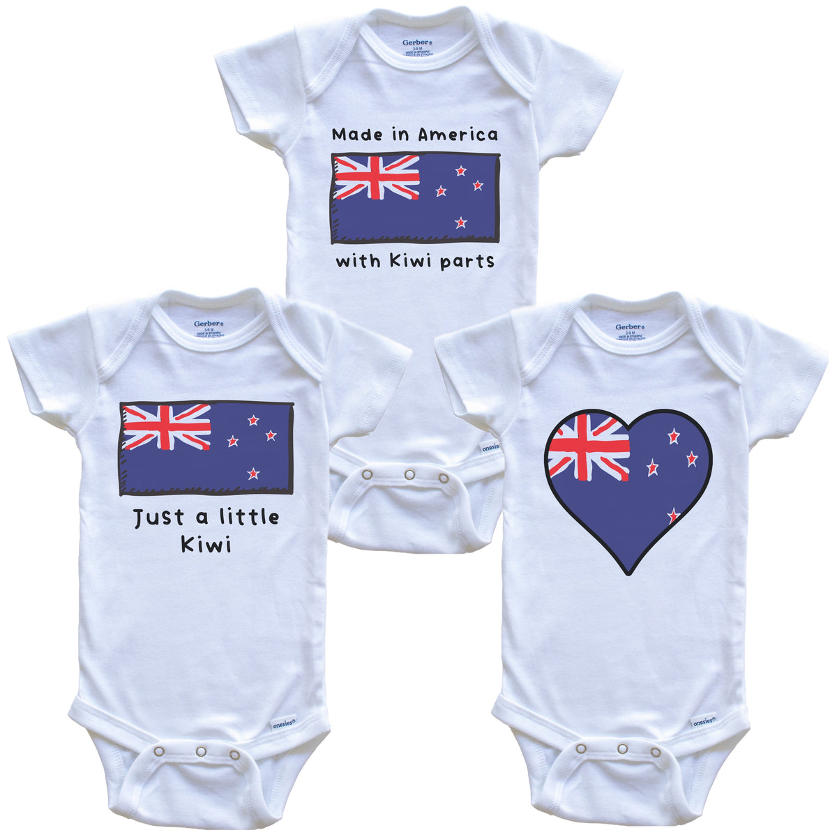 Made in America with Kiwi Parts Funny New Zealand Flag Baby Bodysuit Bundle (3 Piece Gift Set)