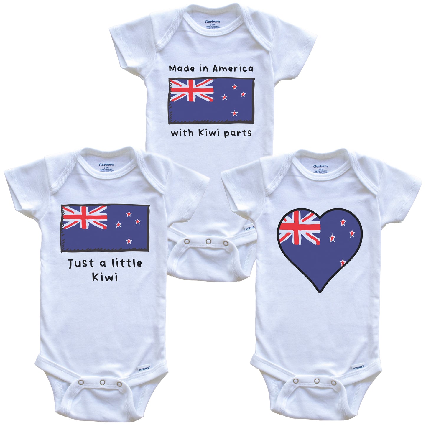 Made in America with Kiwi Parts Funny New Zealand Flag Baby Bodysuit Bundle (3 Piece Gift Set)