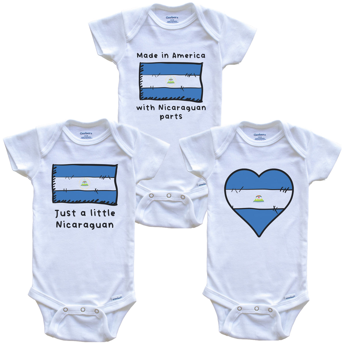 Made in America with Nicaraguan Parts Funny Nicaragua Flag Baby Bodysuit Bundle (3 Piece Gift Set)