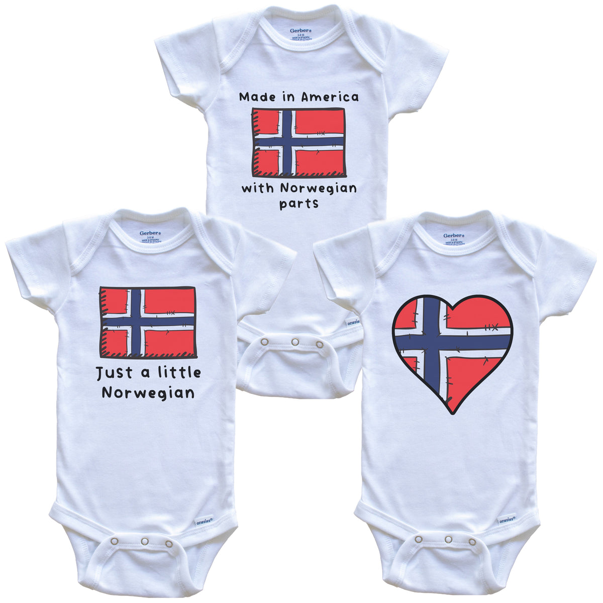 Made in America with Norwegian Parts Funny Norway Flag Baby Bodysuit Bundle (3 Piece Gift Set)