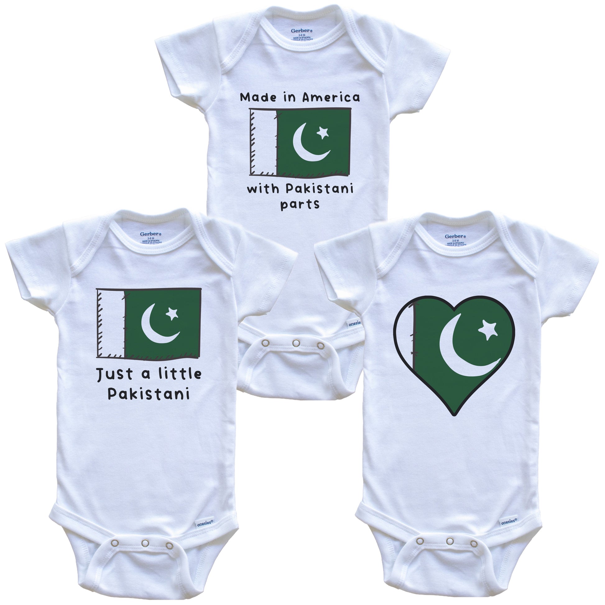 Made in America with Pakistani Parts Funny Pakistan Flag Baby Bodysuit Bundle (3 Piece Gift Set)