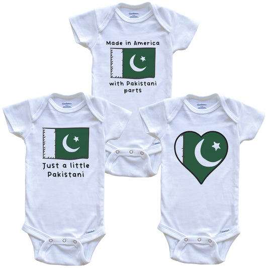 Made in America with Pakistani Parts Funny Pakistan Flag Baby Bodysuit Bundle (3 Piece Gift Set)