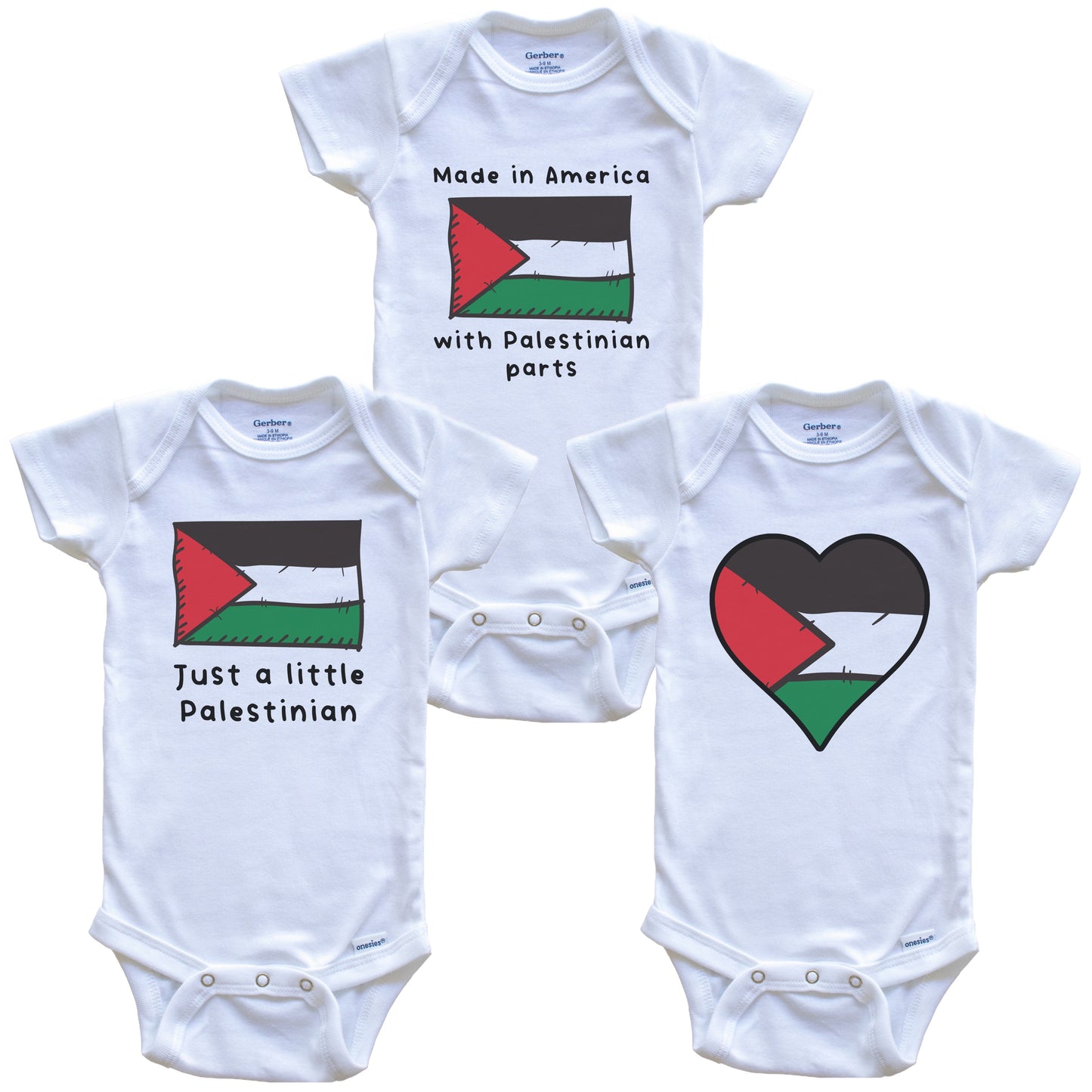 Made in America with Palestinian Parts Funny Palestine Flag Baby Bodysuit Bundle (3 Piece Gift Set)