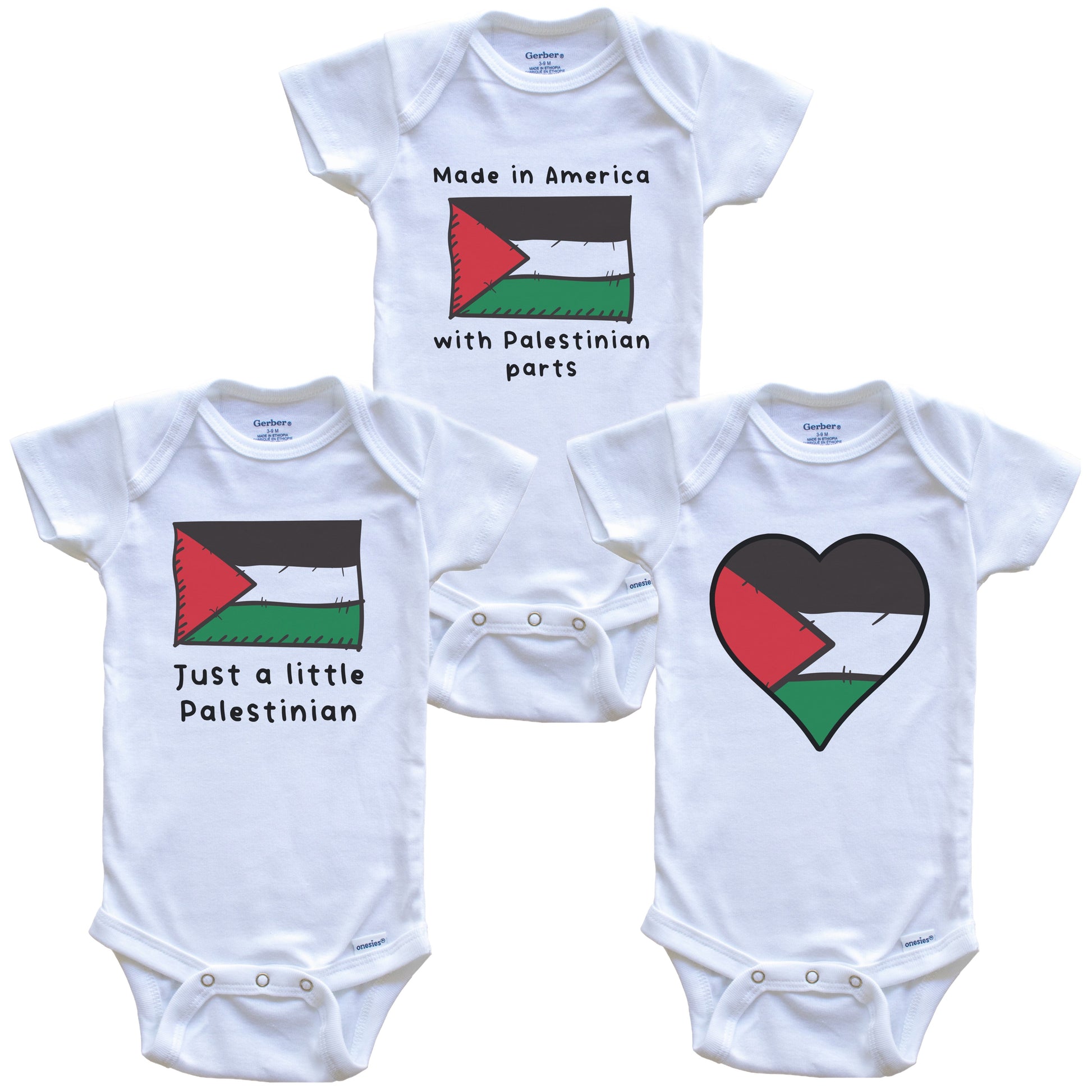 Made in America with Palestinian Parts Funny Palestine Flag Baby Bodysuit Bundle (3 Piece Gift Set)