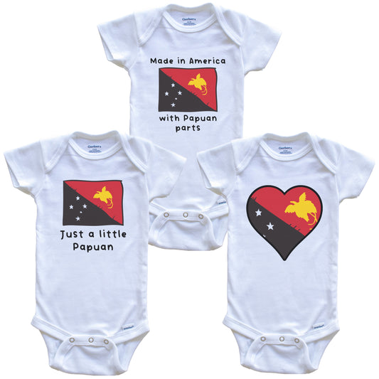 Made in America with Papuan Parts Funny Papua New Guinea Flag Baby Bodysuit Bundle (3 Piece Gift Set)