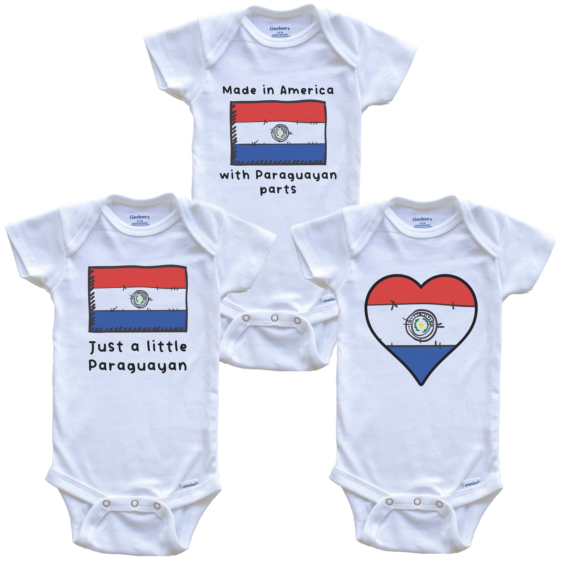 Made in America with Paraguayan Parts Funny Paraguay Flag Baby Bodysuit Bundle (3 Piece Gift Set)