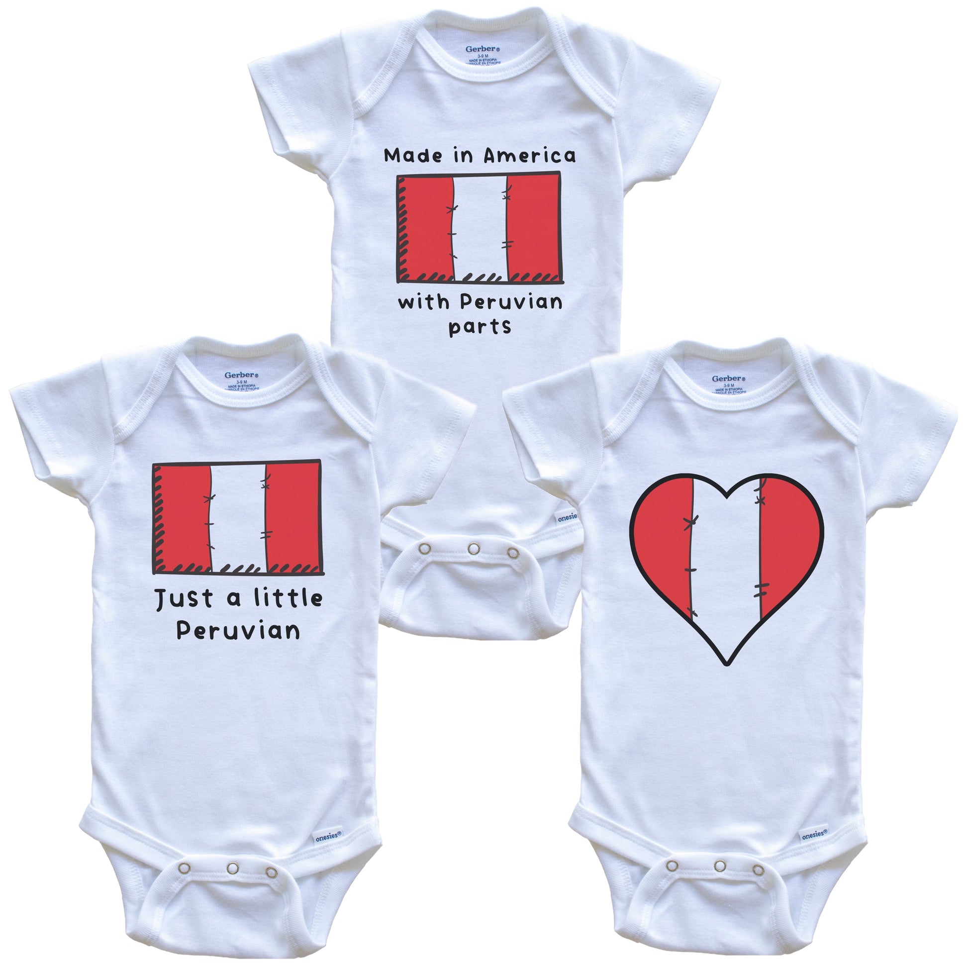 Made in America with Peruvian Parts Funny Peru Flag Baby Bodysuit Bundle (3 Piece Gift Set)