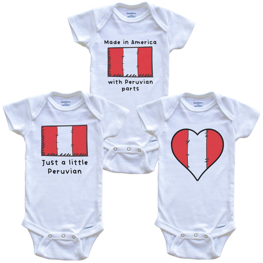 Made in America with Peruvian Parts Funny Peru Flag Baby Bodysuit Bundle (3 Piece Gift Set)