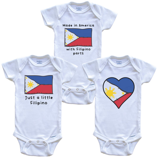 Made in America with Filipino Parts Funny Philippines Flag Baby Bodysuit Bundle (3 Piece Gift Set)