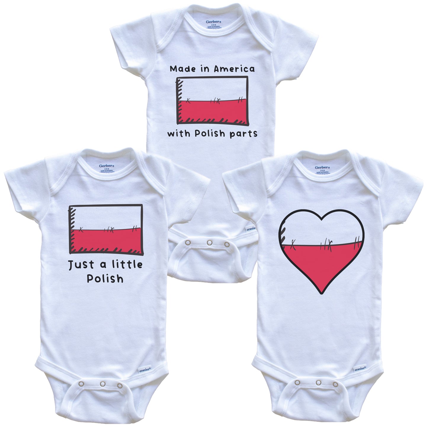 Made in America with Polish Parts Funny Poland Flag Baby Bodysuit Bundle (3 Piece Gift Set)