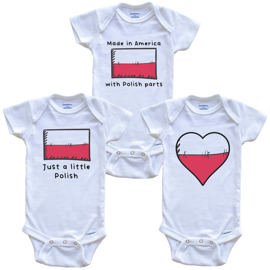 Made in America with Polish Parts Funny Poland Flag Baby Bodysuit Bundle (3 Piece Gift Set)