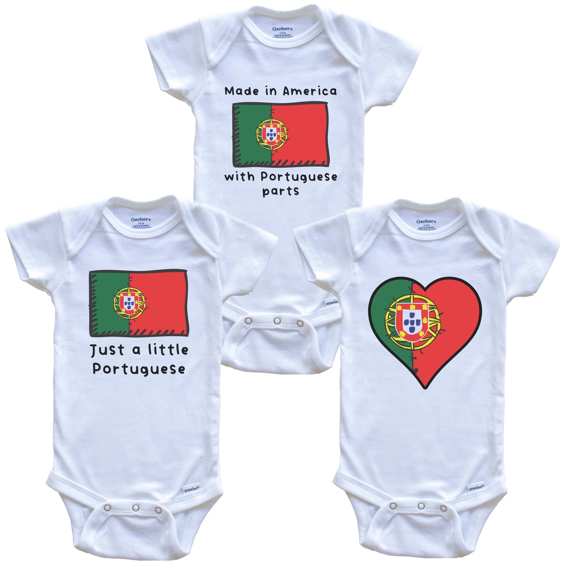 Made in America with Portuguese Parts Funny Portugal Flag Baby Bodysuit Bundle (3 Piece Gift Set)