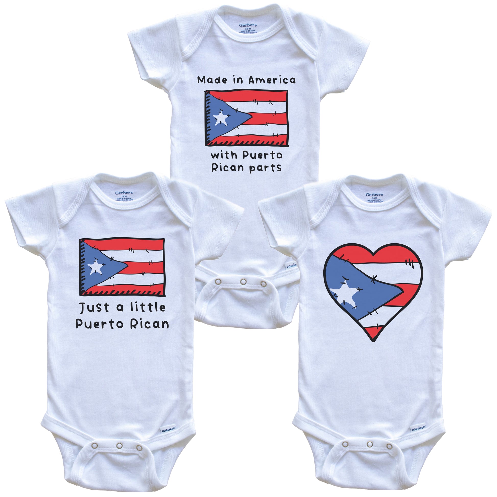 Made in America with Puerto Rican Parts Funny Puerto Rico Flag Baby Bodysuit Bundle (3 Piece Gift Set)