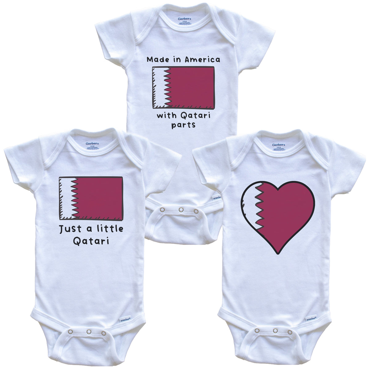 Made in America with Qatari Parts Funny Qatar Flag Baby Bodysuit Bundle (3 Piece Gift Set)