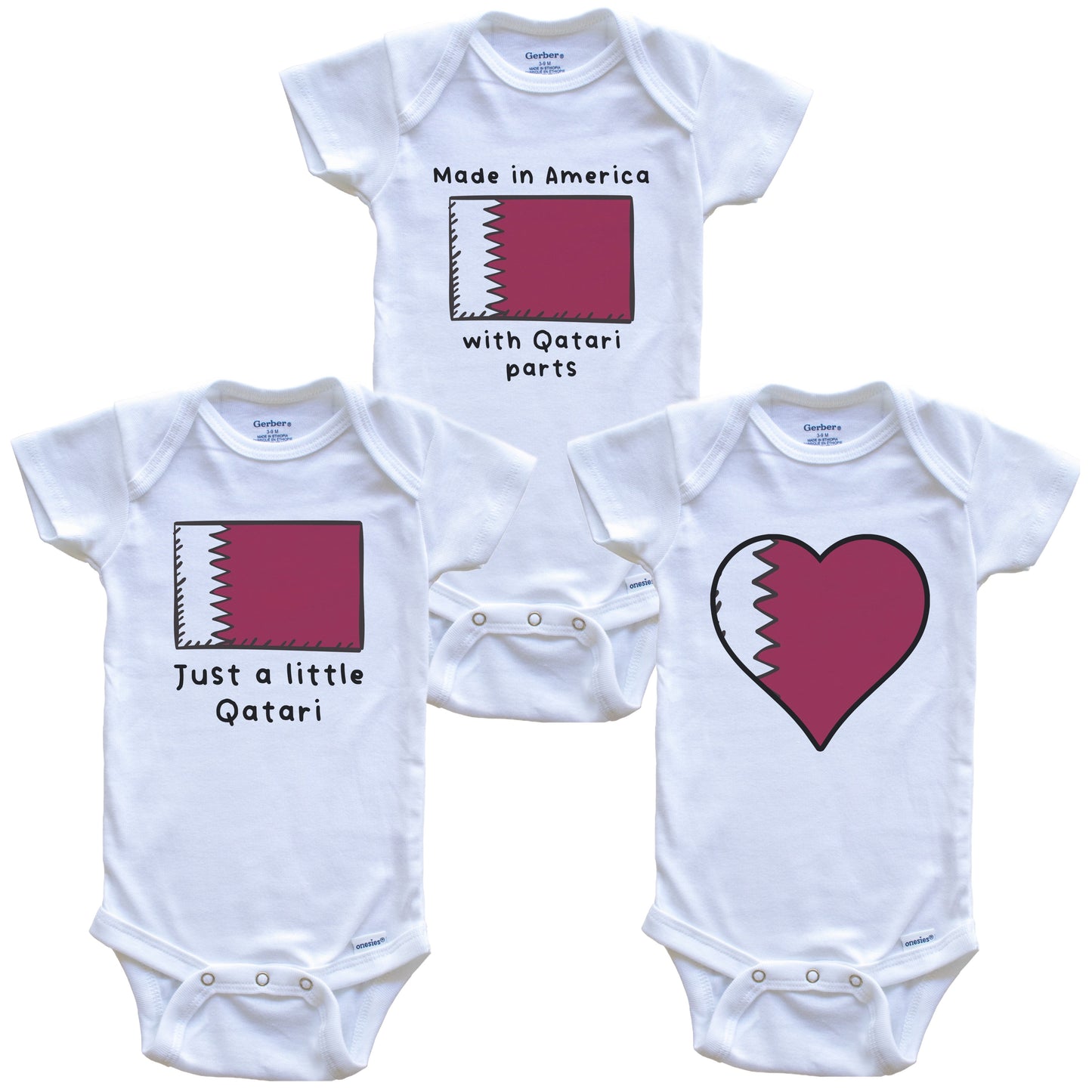 Made in America with Qatari Parts Funny Qatar Flag Baby Bodysuit Bundle (3 Piece Gift Set)