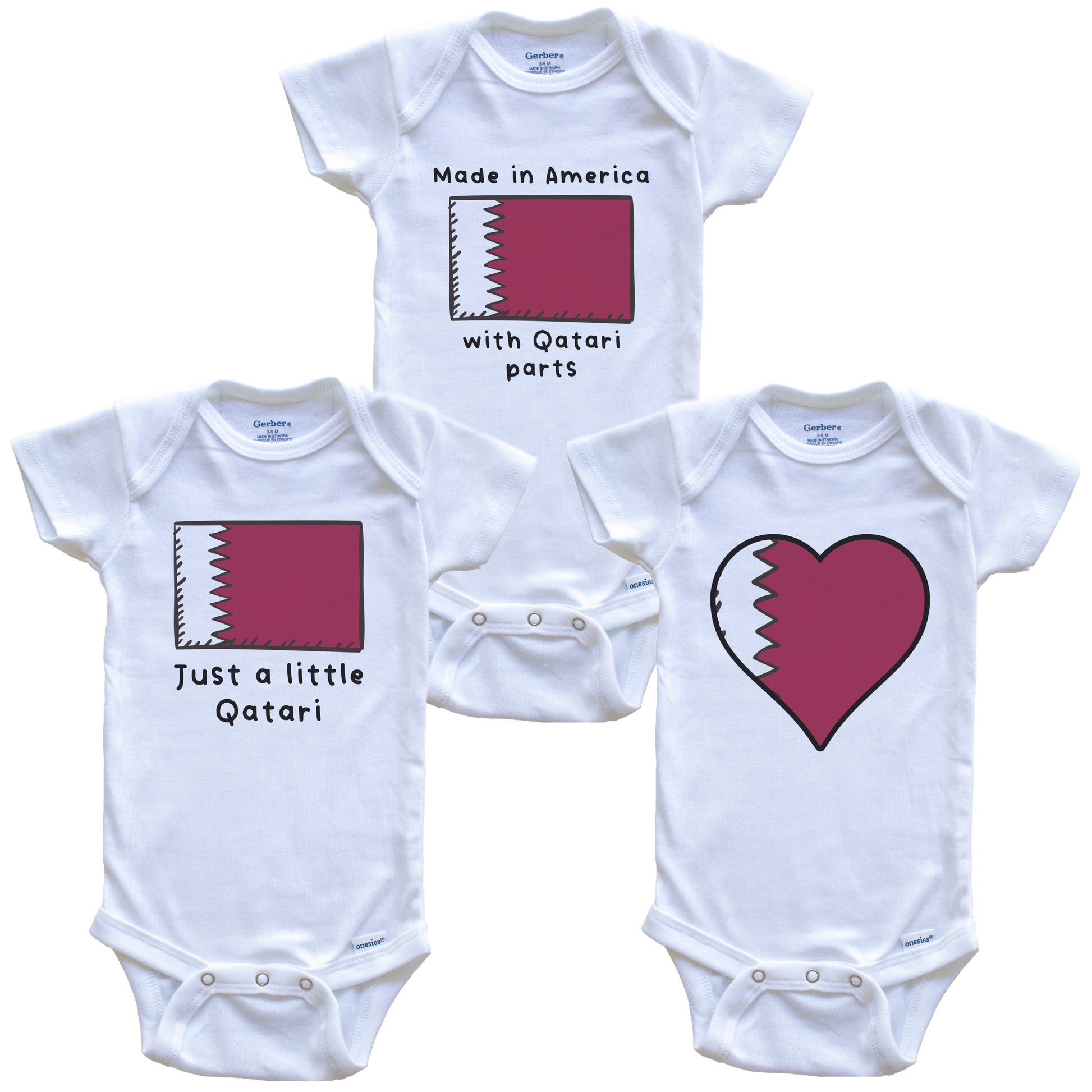 Made in America with Qatari Parts Funny Qatar Flag Baby Bodysuit Bundle (3 Piece Gift Set)