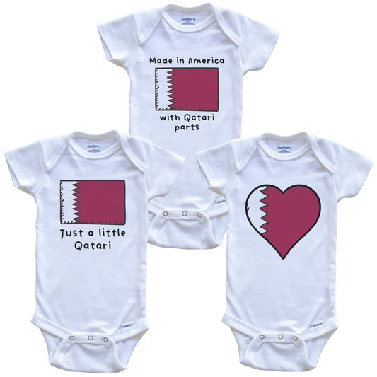 Made in America with Qatari Parts Funny Qatar Flag Baby Bodysuit Bundle (3 Piece Gift Set)