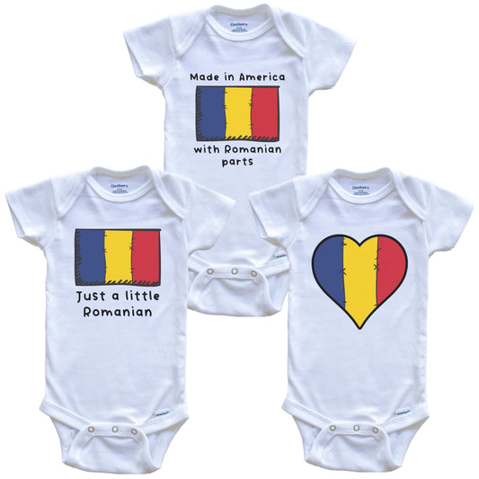Made in America with Romanian Parts Funny Romania Flag Baby Bodysuit Bundle (3 Piece Gift Set)