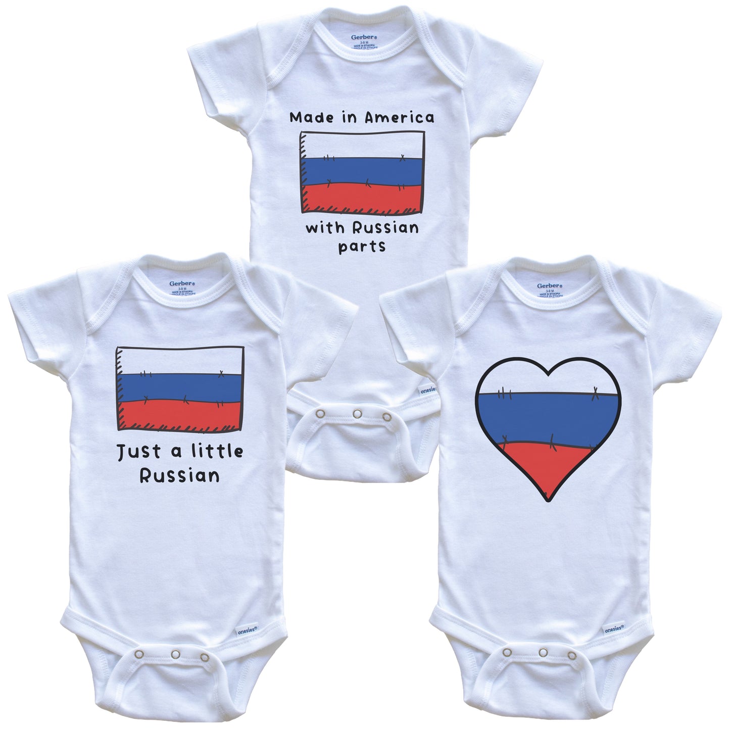 Made in America with Russian Parts Funny Russia Flag Baby Bodysuit Bundle (3 Piece Gift Set)